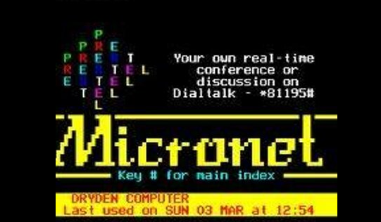 The original Micronet 800 Prestel teletext page: yellow blocky Micronet lettering on black